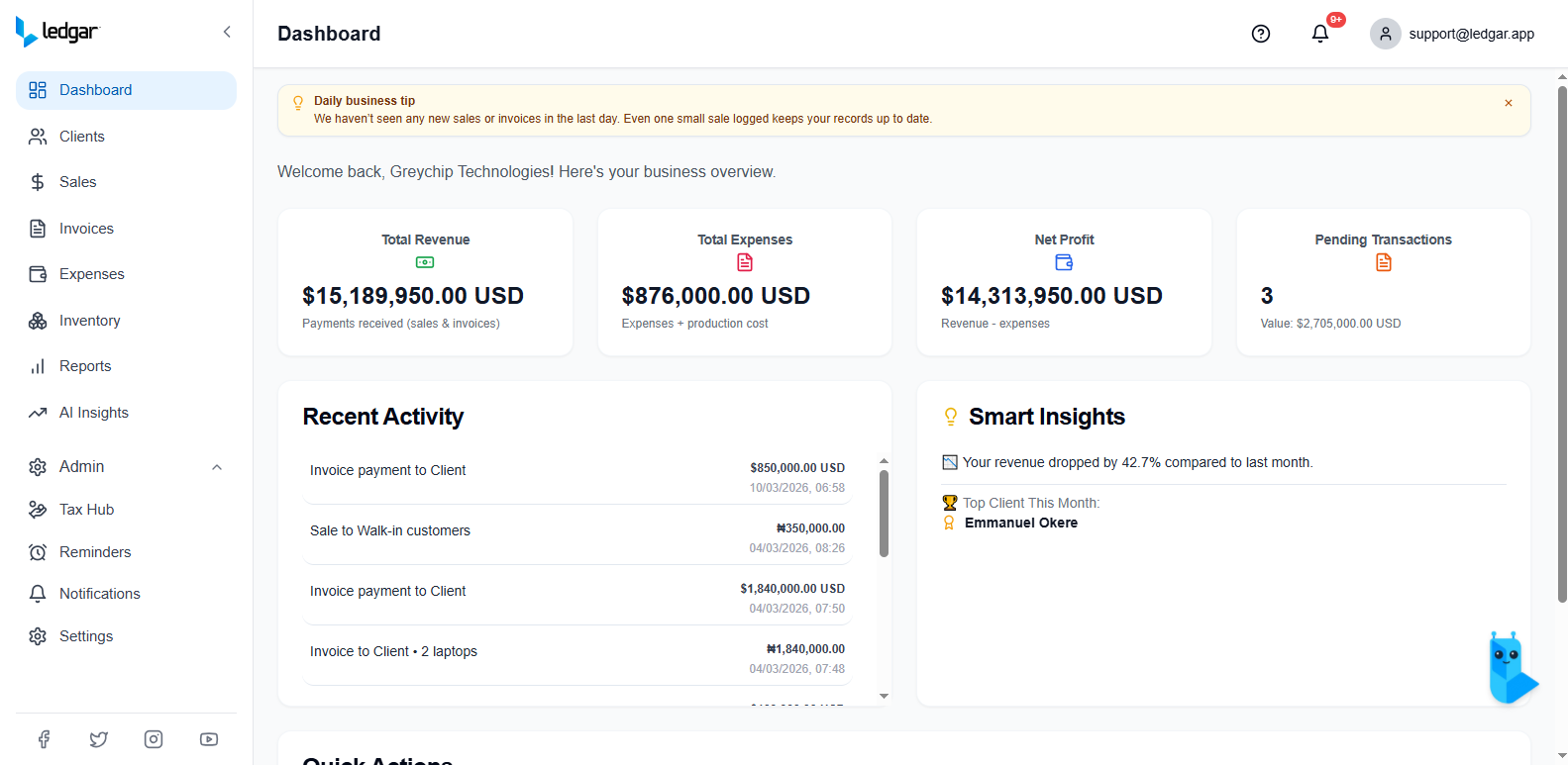 Ledgar Desktop Dashboard Screen