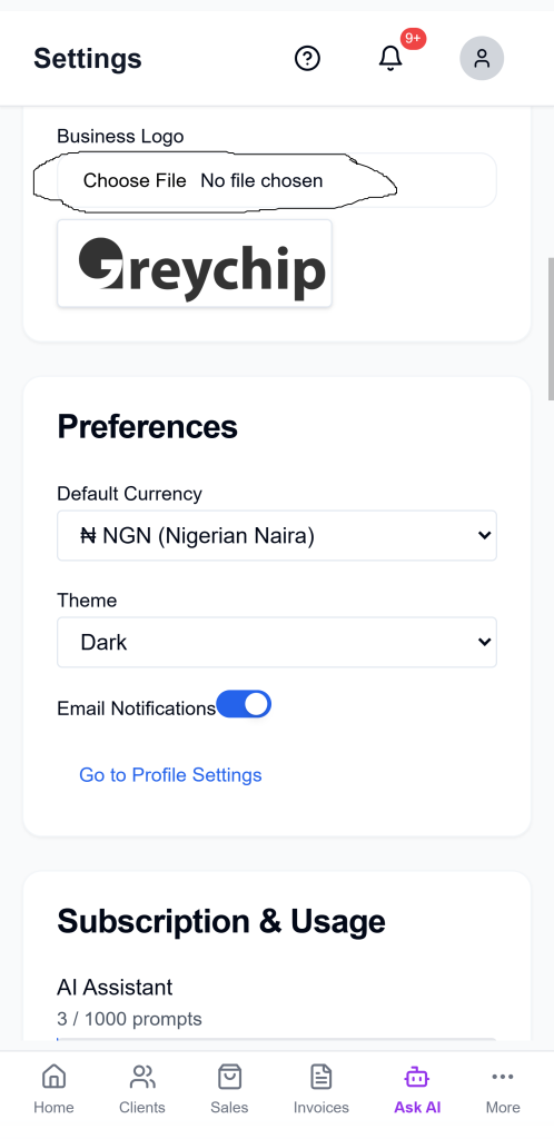 Ledgar - upload business logo in settings