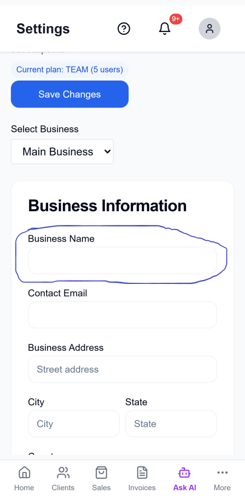 Ledgar - enter business name in settings