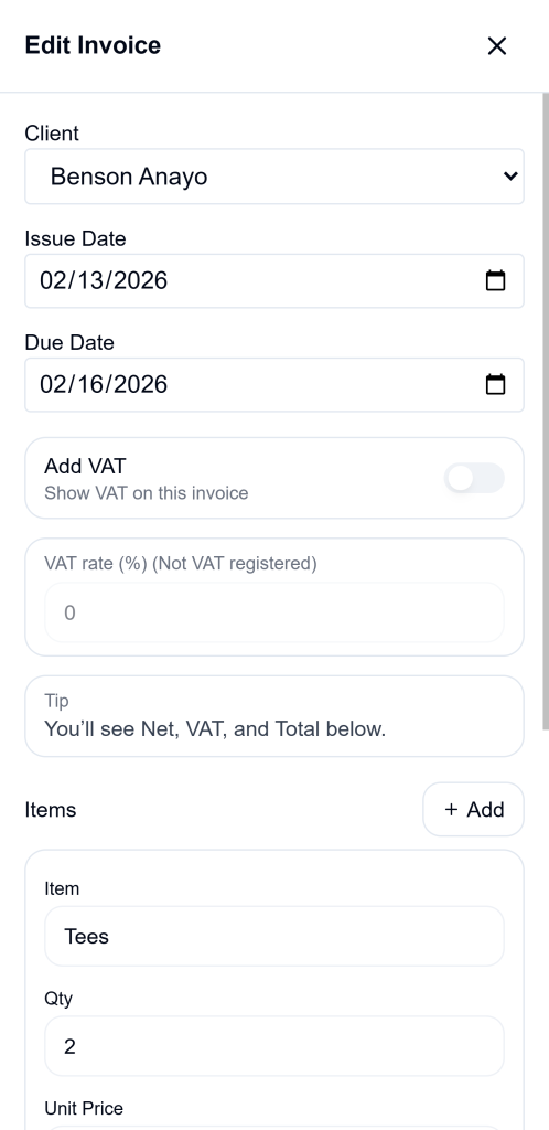 Invoice edit form on Ledgar