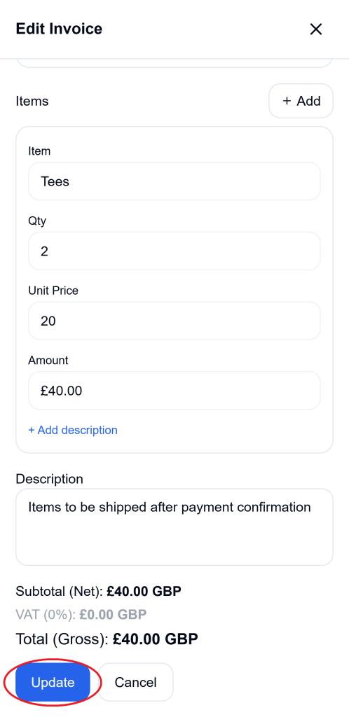 Invoice edit save on Ledgar