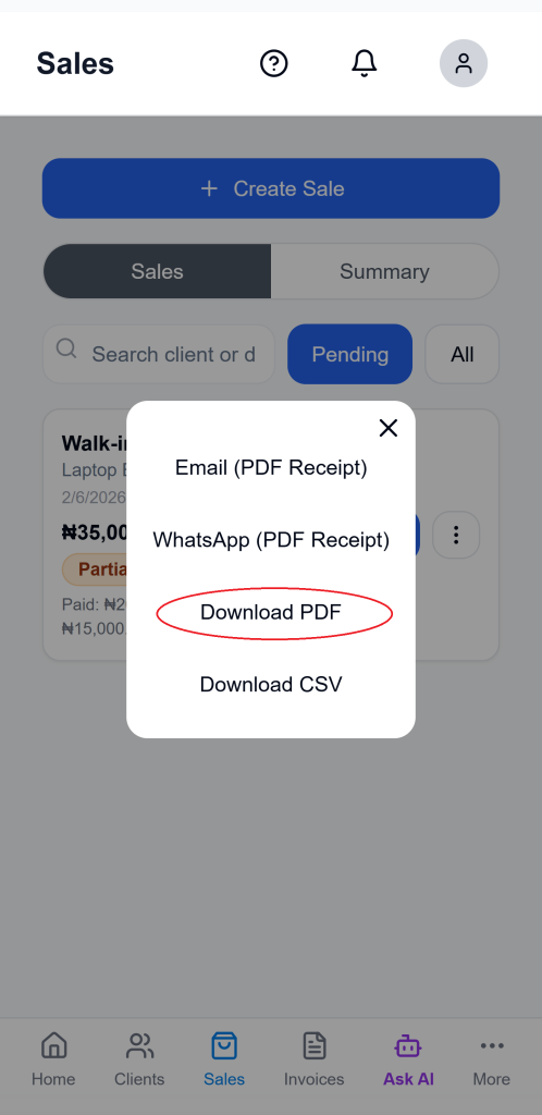 download sales receipt pdf on Ledgar