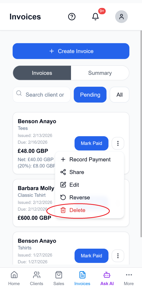 how to delete invoice on Ledgar