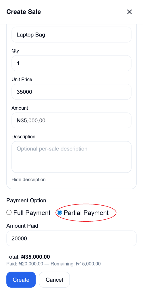 Using partial payment on Ledgar