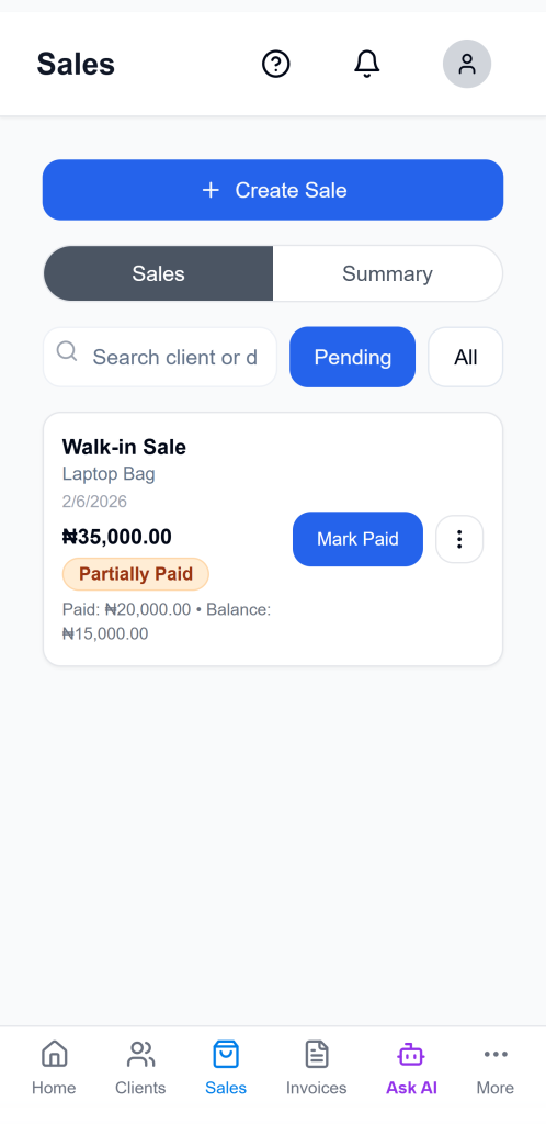 Sales page overview in Ledgar