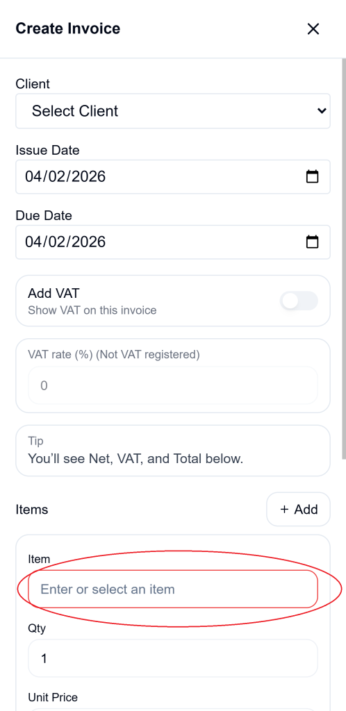how to add invoice items on Ledgar