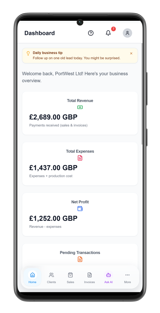 Ledgar AI mobile dashboard for tracking business overview